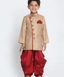 JBN Creation Boys Brown Jute Silk Blend Sherwani Set