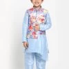 JBN Creation Boys Blue Asymmetric Kurta With Floral Printed Jacket And Pyjama Set