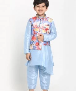 JBN Creation Boys Blue Asymmetric Kurta With Floral Printed Jacket And Pyjama Set