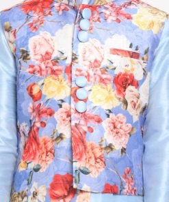 JBN Creation Boys Blue Asymmetric Kurta With Floral Printed Jacket And Pyjama Set