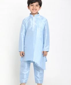JBN Creation Boys Blue Asymmetric Kurta With Floral Printed Jacket And Pyjama Set