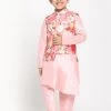 JBN Creation Boys Pink Asymmetric Kurta With Floral Printed Jacket And Pyjama Set