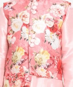 JBN Creation Boys Pink Asymmetric Kurta With Floral Printed Jacket And Pyjama Set