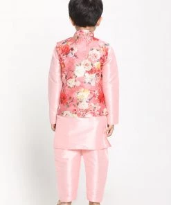 JBN Creation Boys Pink Asymmetric Kurta With Floral Printed Jacket And Pyjama Set