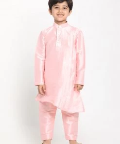 JBN Creation Boys Pink Asymmetric Kurta With Floral Printed Jacket And Pyjama Set