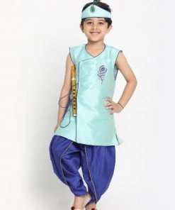 JBN Creation Green Krishna Style Angrakha Kurta And Dhot Set