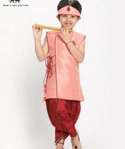 JBN Creation Pink Krishna Style Angrakha Kurta And Dhot Set Boys