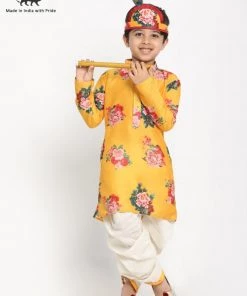JBN Creation Boys Yellow Krishna Style Kurta And Dhot Set
