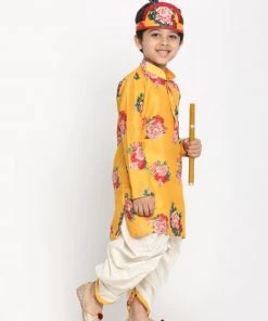 JBN Creation Boys Yellow Krishna Style Kurta And Dhot Set