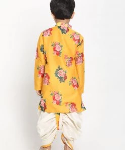 Vastramay Yellow Floral Printed Cotton Silk Siblings Set