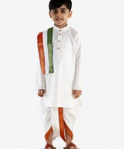 JBN Creation Cream Cotton Kurta Dhoti And Dupatta Set Boys