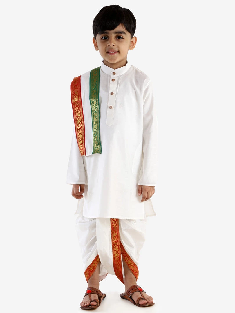 JBN Creation Cream Cotton Kurta Dhoti And Dupatta Set Boys 3 JBN Creation Cream Cotton Kurta Dhoti And Dupatta Set Boys