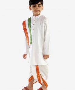 JBN Creation Cream Cotton Kurta Dhoti And Dupatta Set Boys