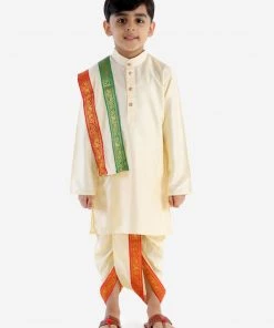 JBN Creation Boys Gold Cotton Blend Kurta Dhoti And Dupatta Set