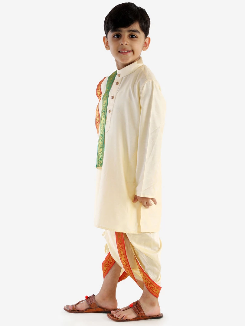 JBN Creation Boys Gold Cotton Blend Kurta Dhoti And Dupatta Set 4 JBN Creation Boys Gold Cotton Blend Kurta Dhoti And Dupatta Set