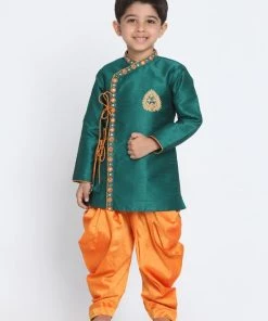 JBN Creation Boys Green Cotton Silk Blend Kurta And Dhoti Set
