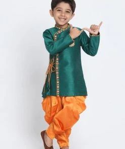 JBN Creation Boys Green Cotton Silk Blend Kurta And Dhoti Set