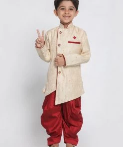 JBN Creation Boys' Maroon Cotton Silk Blend Kurta And Dhoti Set