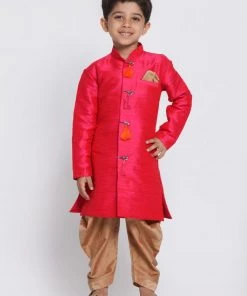 JBN Creation Boys' Pink Cotton Silk Blend Kurta And Dhoti Set