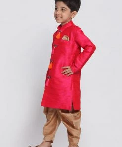 JBN Creation Boys' Pink Cotton Silk Blend Kurta And Dhoti Set