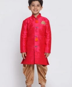 JBN Creation Boys' Pink Cotton Silk Blend Kurta And Dhoti Set