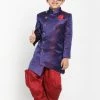 JBN Creation Boys' Blue And Maroon Silk Blend Indowestern Sherwani And Dhoti Set