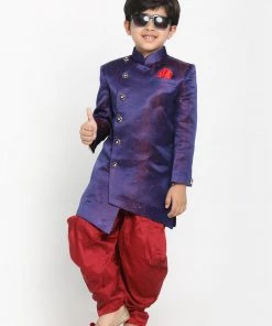 JBN Creation Boys' Blue And Maroon Silk Blend Indowestern Sherwani And Dhoti Set