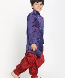 JBN Creation Boys' Blue And Maroon Silk Blend Indowestern Sherwani And Dhoti Set