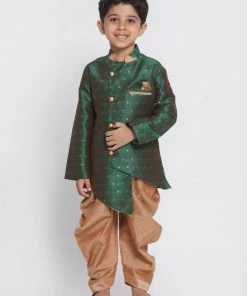 JBN Creation Boys' Green Cotton Silk Blend Kurta And Dhoti Set