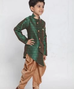 JBN Creation Boys' Green Cotton Silk Blend Kurta And Dhoti Set