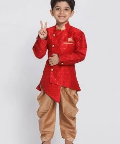 JBN Creation Boys' Maroon Cotton Silk Blend Kurta And Dhoti Set