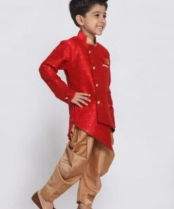 JBN Creation Boys' Maroon Cotton Silk Blend Kurta And Dhoti Set