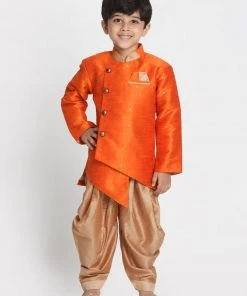 JBN Creation Boys' Orange Cotton Silk Blend Kurta And Dhoti Set