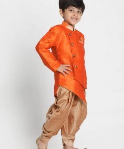 JBN Creation Boys' Orange Cotton Silk Blend Kurta And Dhoti Set
