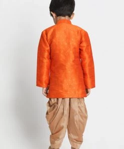 JBN Creation Boys' Orange Cotton Silk Blend Kurta And Dhoti Set