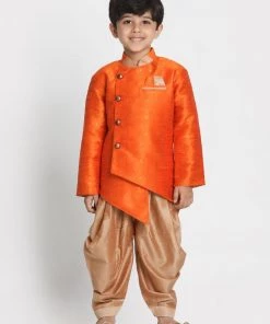 JBN Creation Boys' Orange Cotton Silk Blend Kurta And Dhoti Set