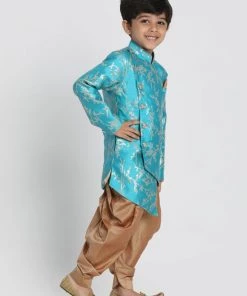JBN Creation Boys' Light Blue Cotton Silk Blend Sherwani And Dhoti Set