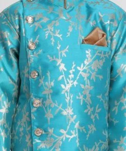JBN Creation Boys' Light Blue Cotton Silk Blend Sherwani And Dhoti Set