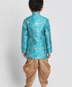 JBN Creation Boys' Light Blue Cotton Silk Blend Sherwani And Dhoti Set