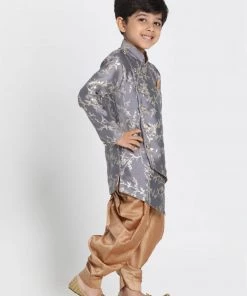 JBN Creation Boys' Grey Cotton Silk Blend Kurta And Dhoti Set