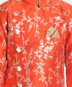 JBN Creation Boys' Orange Cotton Silk Blend Kurta And Dhoti Set