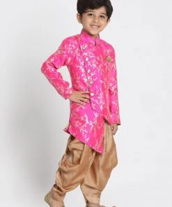 JBN Creation Boys' Pink Cotton Silk Blend Kurta And Dhoti Set