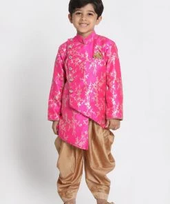 JBN Creation Boys' Pink Cotton Silk Blend Kurta And Dhoti Set