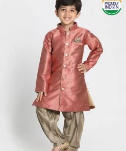 JBN Creation Boys' Maroon Jute Silk Blend Sherwani Set