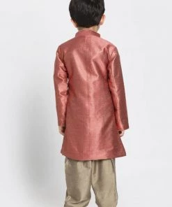 JBN Creation Boys' Maroon Jute Silk Blend Sherwani Set