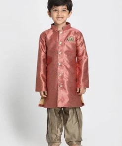 JBN Creation Boys' Maroon Jute Silk Blend Sherwani Set