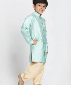 JBN Creation Boys' Mint Green Jute Silk Blend Sherwani Set