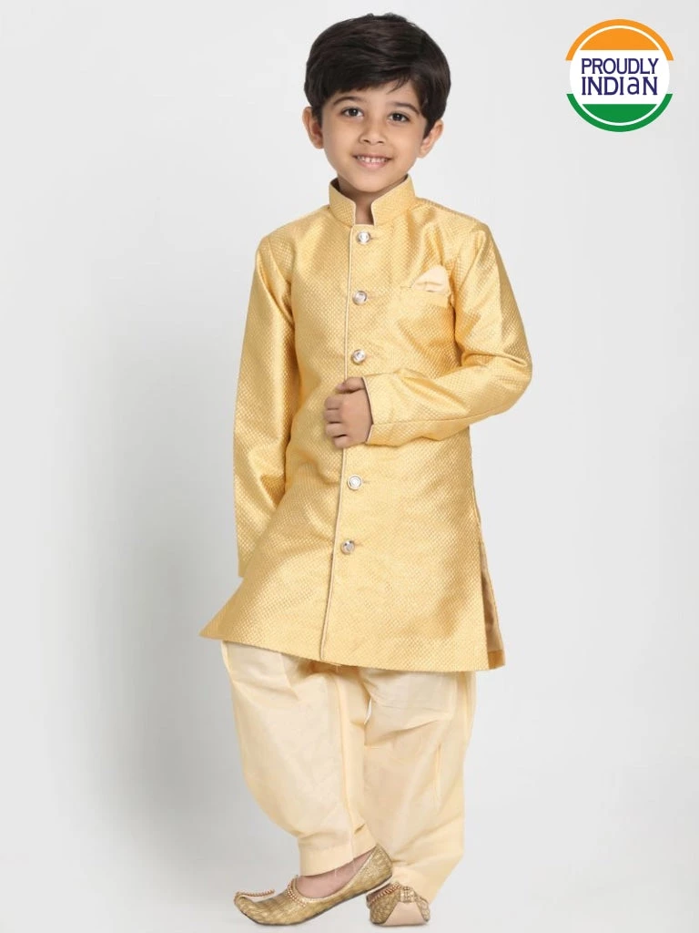 JBN Creation Boys' Yellow Jute Silk Blend Sherwani Set 3 JBN Creation Boys' Yellow Jute Silk Blend Sherwani Set