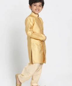JBN Creation Boys' Yellow Jute Silk Blend Sherwani Set