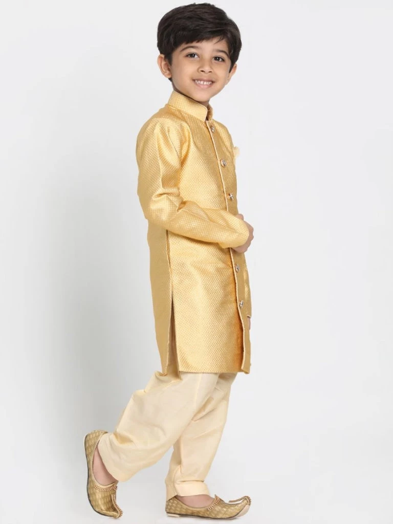 JBN Creation Boys' Yellow Jute Silk Blend Sherwani Set 4 JBN Creation Boys' Yellow Jute Silk Blend Sherwani Set